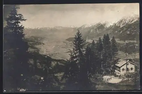 AK Schwaz, Der Alpengasthof Grafenast von Toni Unterlechner im Bergpanorama