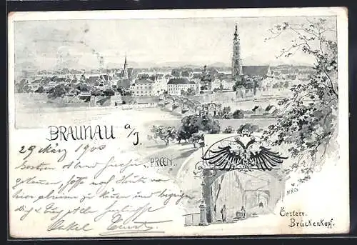 Künstler-AK Braunau, Österreichischer Brückenkopf, Ortspanorama