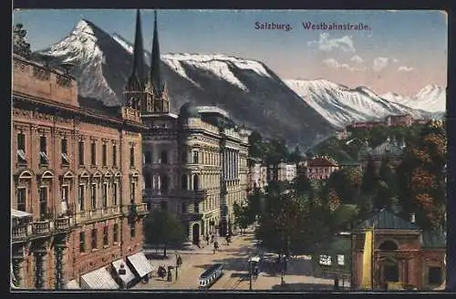 AK Salzburg, Strassenbahn in der Westbahnstrasse