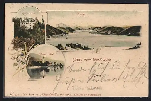 Lithographie Loretto, Blick zum Ort, Schloss Freyenthürn, Ortsansicht von Maria Wörth