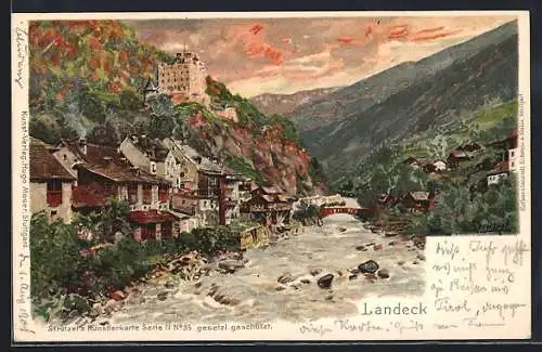 Künstler-AK Otto Strützel: Landeck, Ortsansicht mit Uferpartie