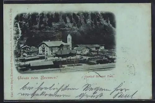 Mondschein-AK Brenner, Der Gasthof Brenner Post, Bahnhof