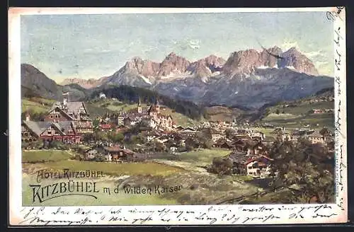 Künstler-AK Kitzbühel, Totalansicht mit Umgebung und dem Wilden Kaiser