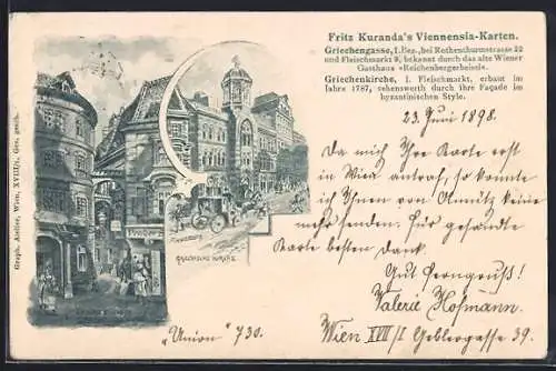 Künstler-AK Wien, Griechengasse bei Rothenthurmstrasse 22, Griechenkirche am Fleischmarkt