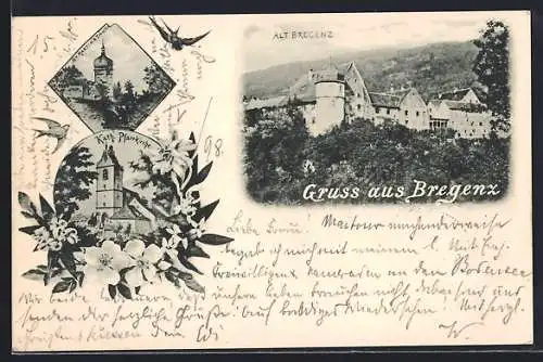 AK Bregenz, Ortsansicht mit Kath. Pfarrkirche, Blumen und Schwalben