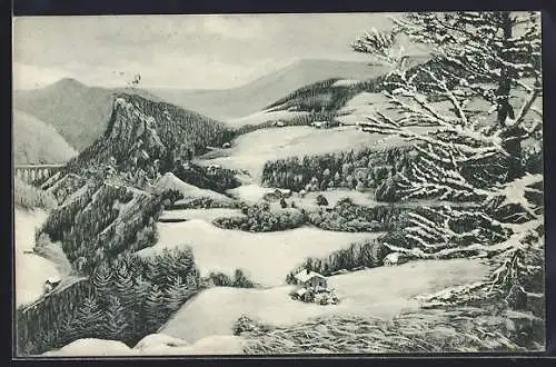 Künstler-AK Breitenstein /Semmeringbahn, Ortsansicht und Viadukt im Schnee