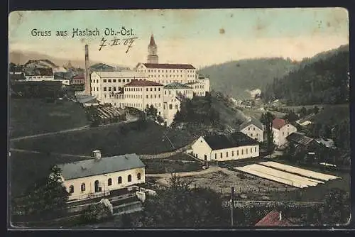 AK Haslach /Ob.-Öst., Ortsansicht mit Bergen