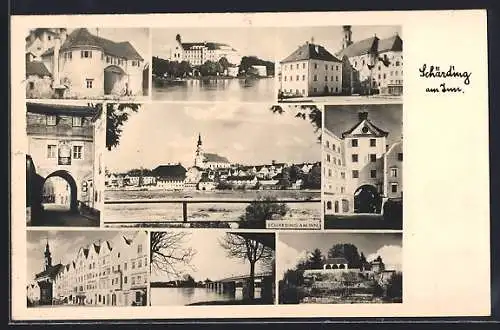 AK Schärding am Inn, Ortsansichten mit Apotheke, Innpartie und Tor