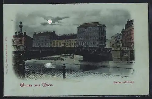 Mondschein-AK Wien, Stefanie-Brücke mit Flusspartie