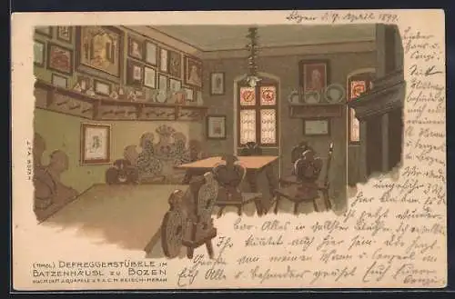 Lithographie Bozen /Tirol, Gasthaus Batzenhäusl, Innenansicht des Defreggerstübele