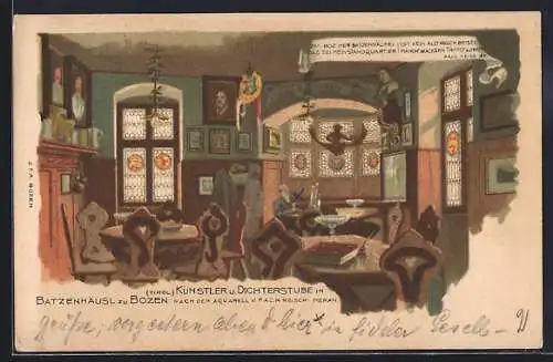 Lithographie Bozen /Tirol, Gasthaus Batzenhäusl, Innenansicht der Künstler- und Dichterstube