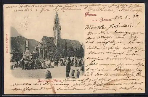 AK Bozen, Johannes-Platz mit Blick zur Kirche