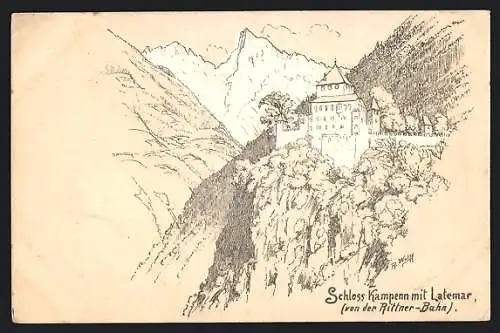 Künstler-AK Bozen, Schloss Kampenn mit Latemar von der Rittner-Bahn