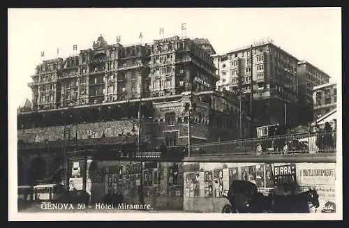 AK Genova, Hotel Miramare mit Strassenbahn
