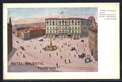 AK Florence, Hotel Majestic, Strassenbahn