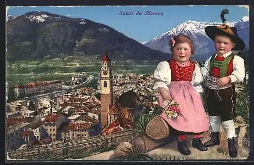 AK Merano, Stadtansicht mit Kindern in Trachtenkleidung