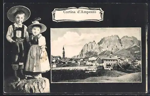 AK Cortina d`Ampezzo, Ortsansicht mit Kindern in Trachtenkleidung