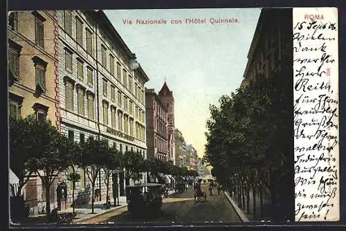 AK Roma, Via Nazionale con l'Hôtel Quirinale, Strassenbahn