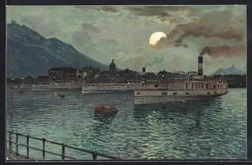 AK Como, Blick in den Hafen bei Nacht