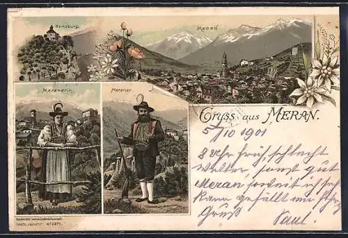 Lithographie Meran, Panorama, Zenoburg, Meraner Paar in Tracht