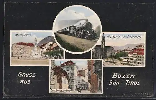 AK Bozen /Düs-Tirol, Gasthof Batzenhäusl, Waltherplatz mit Pfarrkirche