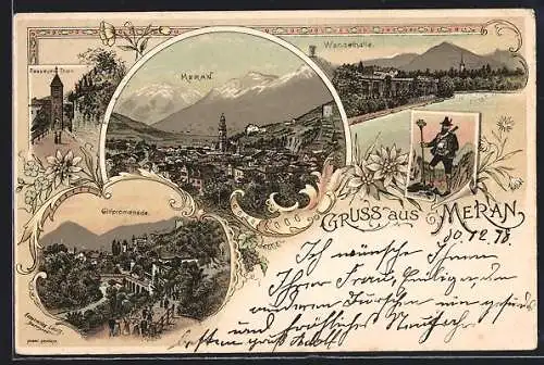 Lithographie Meran, Ortsansicht, Wandelhalle, Gilfpromenade und Passeyer Thor