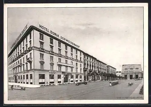 AK Mailand, Doria Hotel Schweizerhof-Restaurant, Strassenbahn