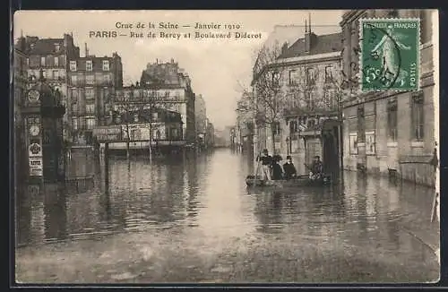 AK Paris, Crue de la Seine 1910, Rue de Bercy et Boulevard Diderot inondés