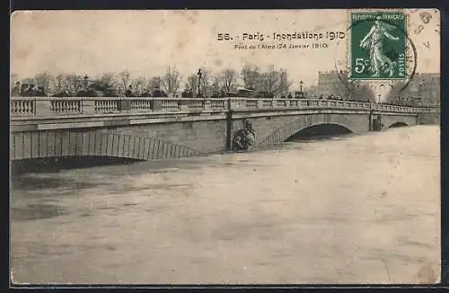 AK Paris, Inondations 1910, Pont de l`Alma submergé le 24 janvier