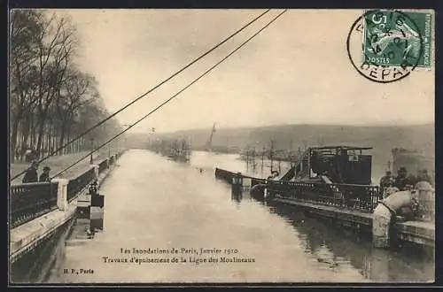 AK Paris, Travaux d`épuisement ligne des Moulineaux lors des inondations de janvier 1910