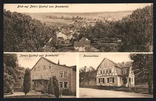 AK Bremkertal, Jütte`s Gasthof, Pensionshaus und Ortsansicht