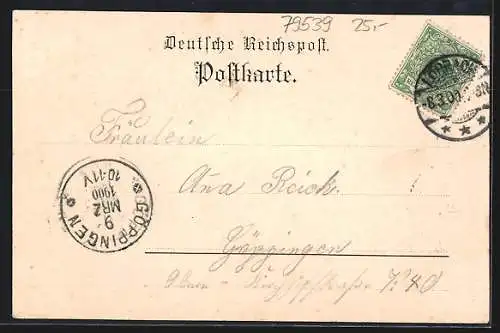 Lithographie Lörrach, Totalansicht, Schulhaus & Springbrunnen, Röttler Schloss