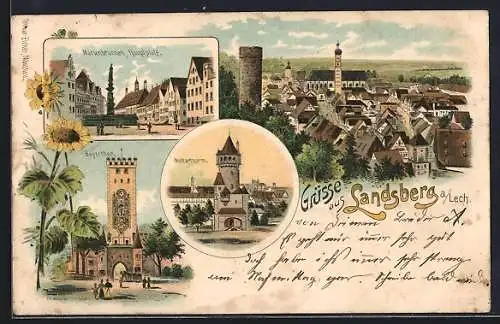 Lithographie Landsberg a / Lech, Marienbrunnen am Hauptplatz, Bayertor, Mutterturm