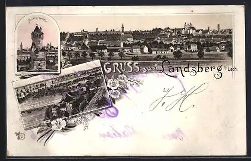 Lithographie Landsberg a. Lech, Mutterturm, Flusspartie und Totalansicht