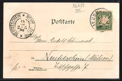Lithographie Neuburg a. D., Kgl. Realschule, Städt. Realschul-Pensionat und Totalansicht