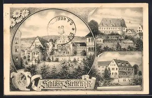 Lithographie Stetten i. R., Schlossansicht mit Grünanlagen, Mädchenschule