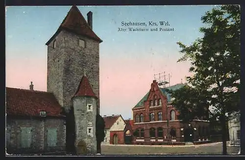 AK Seehausen /Wzl., Alter Wachtturm und Postamt