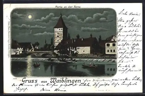Lithographie Waiblingen, Remspartie mit Brücke und Kirche