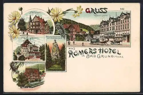 Lithographie Bad Grund /Harz, Ortspartie mit Römers Hotel, Villa Römer