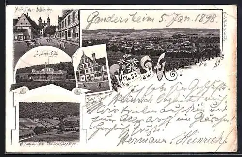 Lithographie Gandersheim, Ludolphs-Bad, Marktplatz mit Stiftskirche, Abtei mit Elisabethbrunnen, Totalansicht