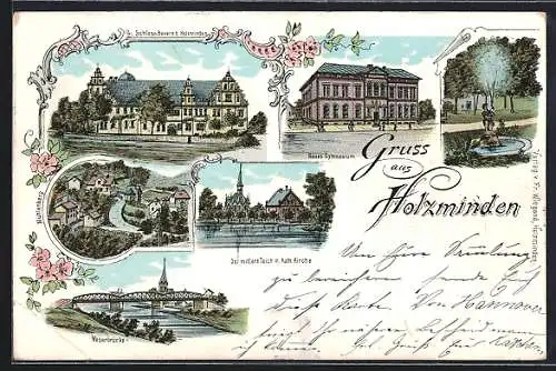 Lithographie Holzminden, Schloss Bevern, Der mittlere Teich mit kath. Kirche, Weserbrücke