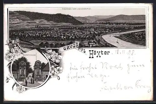 Lithographie Höxter, Panorama vom Ziegenberg, Corvey, Eingang