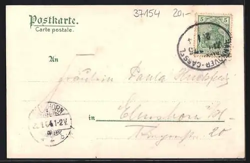 Lithographie Northeim, Marktplatz, Postamt & Aussichtsturm, Wappen
