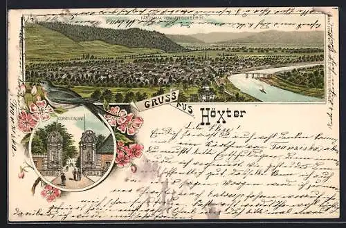 Lithographie Höxter, Corvey, Eingang, Panorama vom Ziegenberge