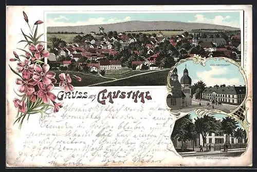 Lithographie Clausthal, Oberbergamt, Post & Kriegerdenkmal, Gesamtansicht