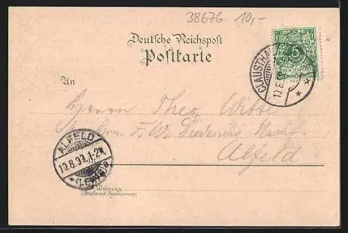 Lithographie Clausthal, Oberbergamt, Post & Kriegerdenkmal, Gesamtansicht