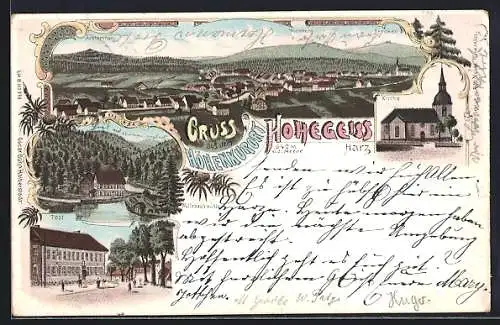 Lithographie Hohegeiss /Harz, Post, Wolfbachmühle, Kirche