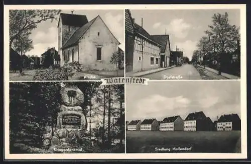 AK Watenstedt / Braunschweig, Dorfstrasse, Siedlung Hallendorf, Kirche und Kriegerdenkmal