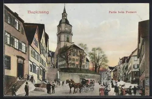 AK Backnang, Partie beim Postamt mit Kutsche und Kirche