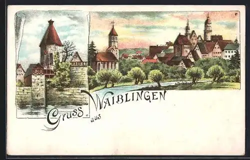 Lithographie Waiblingen, Kirche, Blick über den Fluss zur Stadt